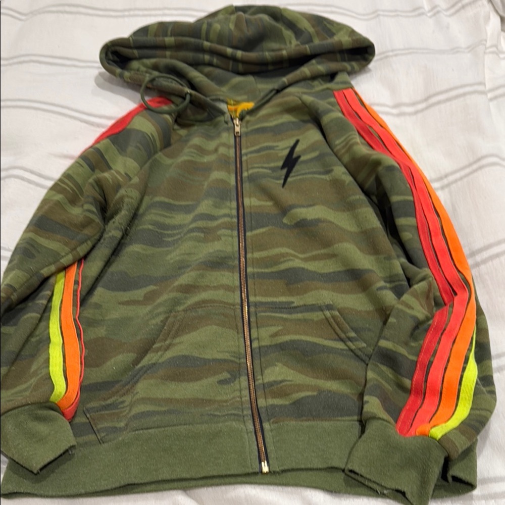 Aviator Nation Green and Red Hoodie with Lightning Stripes